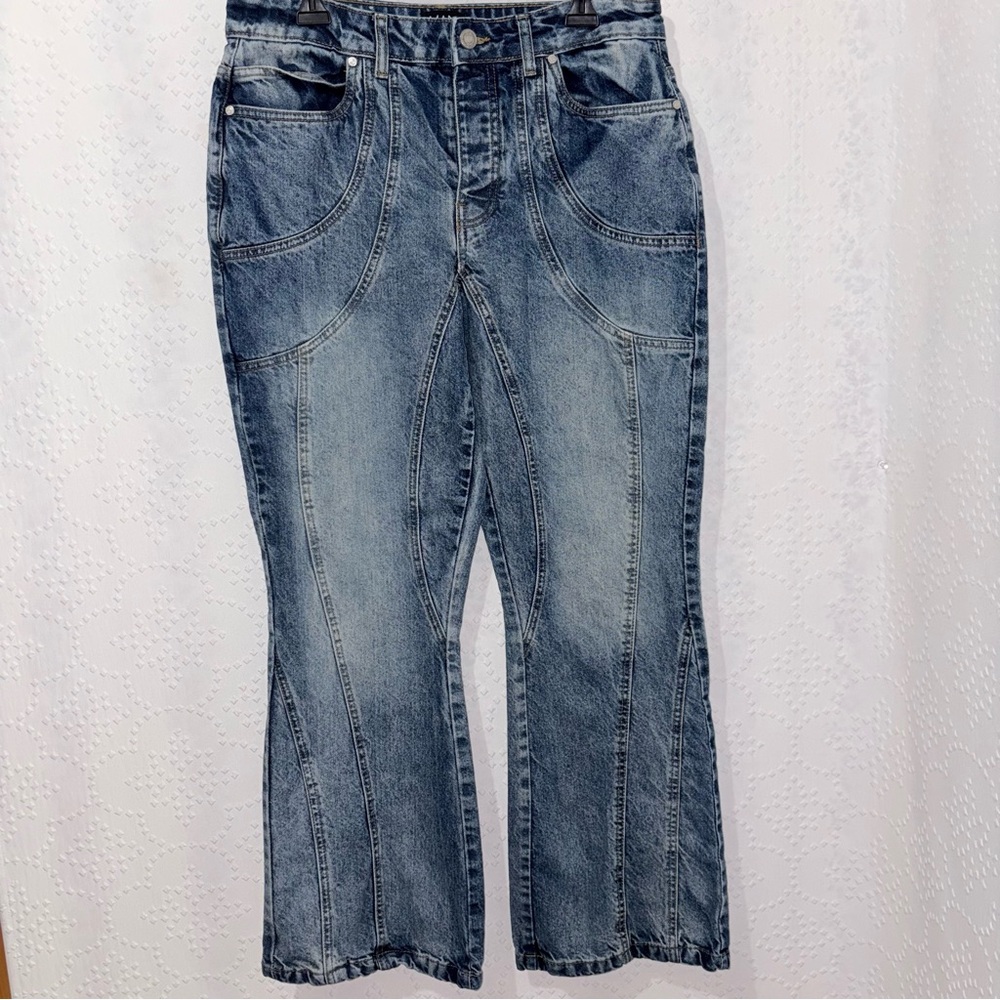 MAN boohooMAN Panel Seam Flare Jeans Size 34 Y2K Streetwear Denim Retro